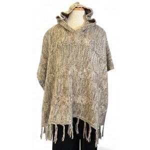 Garage Knit Poncho Hoodie Fringe XS S Oversized Tan Heather Boho Cottage Cosplay